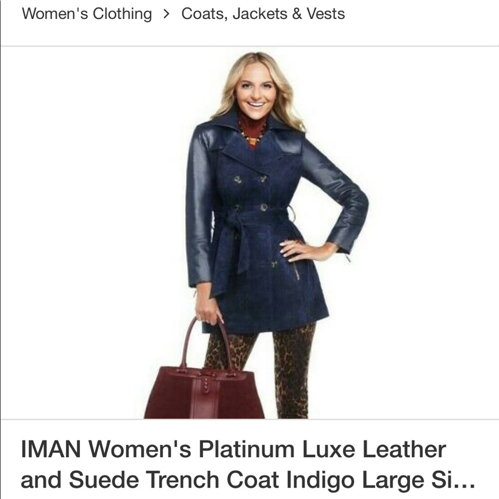Iman navy blue suede and leather trench coat